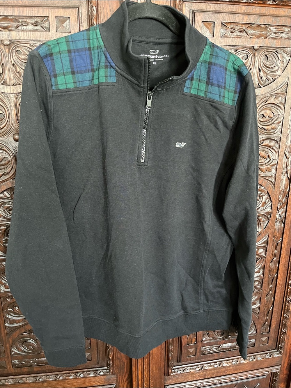 Vineyard Vines Black Quarter-Zip with Green and Blue Plaid Shoulders